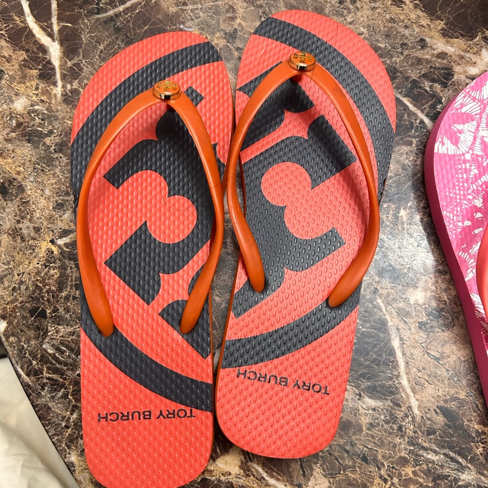 Tory Burch Orange and Black Flip Flops